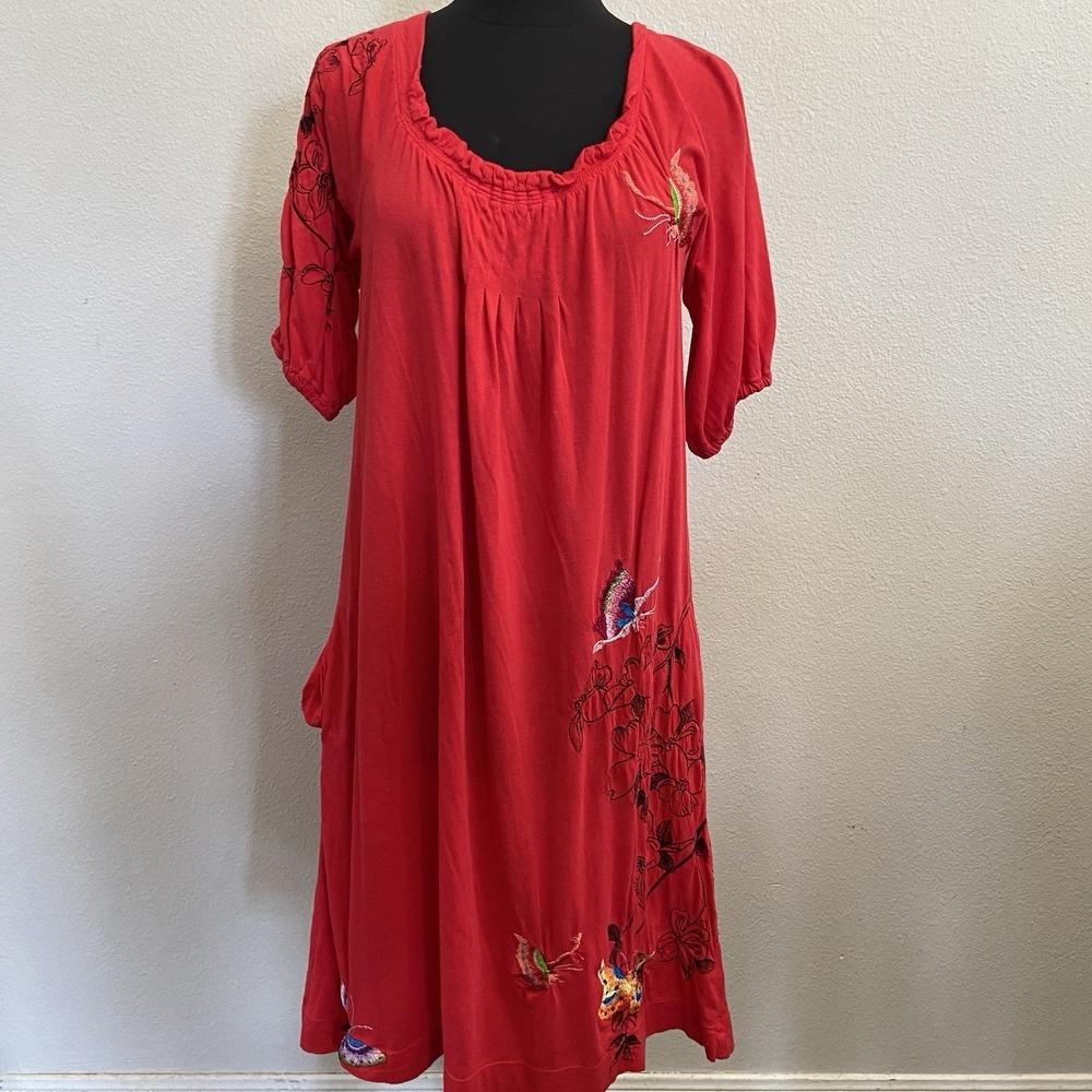 JWLA Johnny Was Women's Red Cotton Butterfly Embroidered Dress Size Small Pocket
